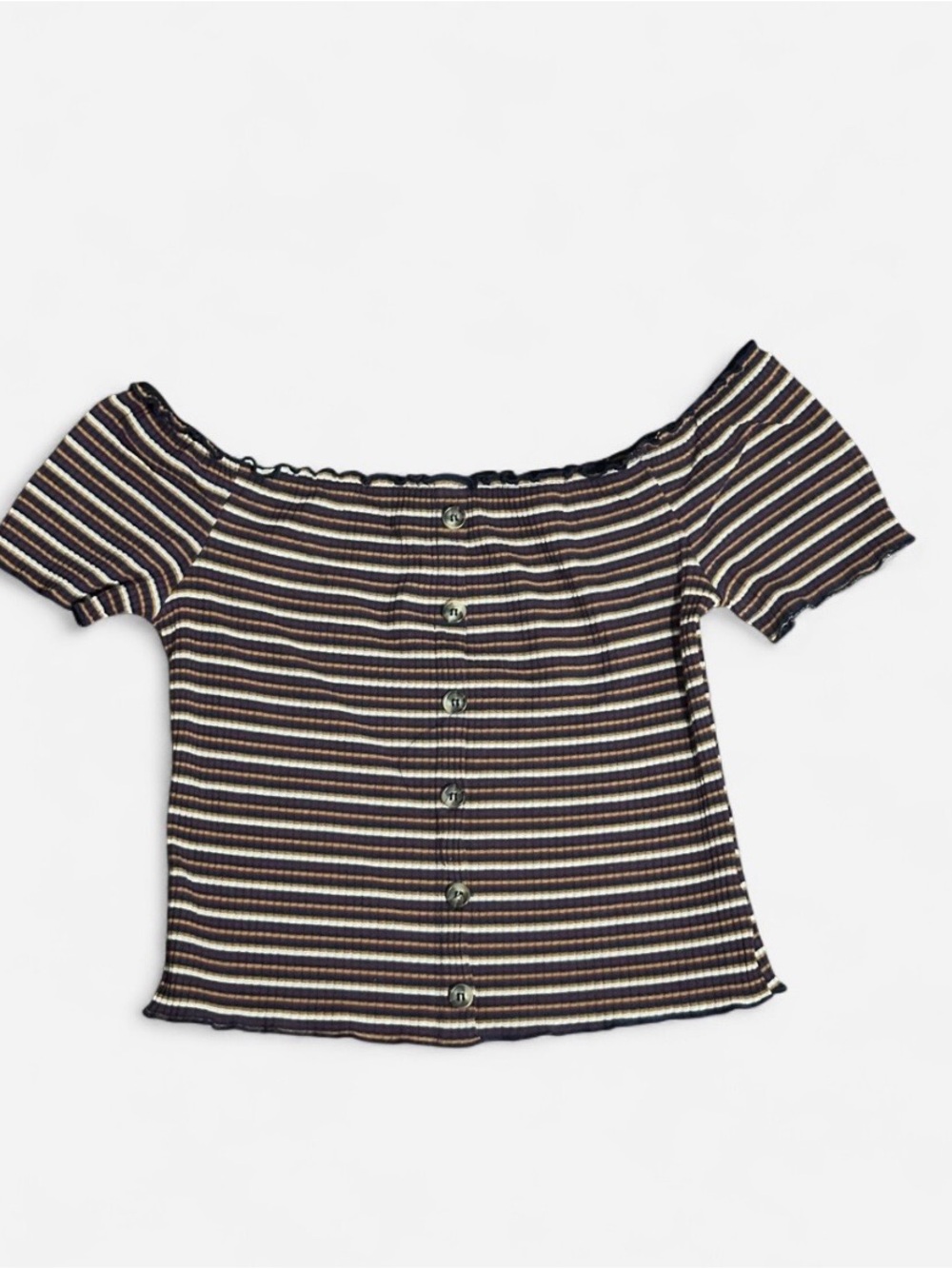 Eye Candy Black, Cream & Brown Striped Off-Shoulder Crop Top